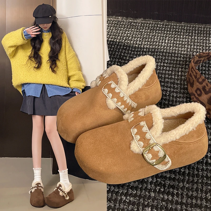 简约风加绒加厚全包勃肯鞋女2025冬季新款时尚舒适一脚蹬懒人棉鞋