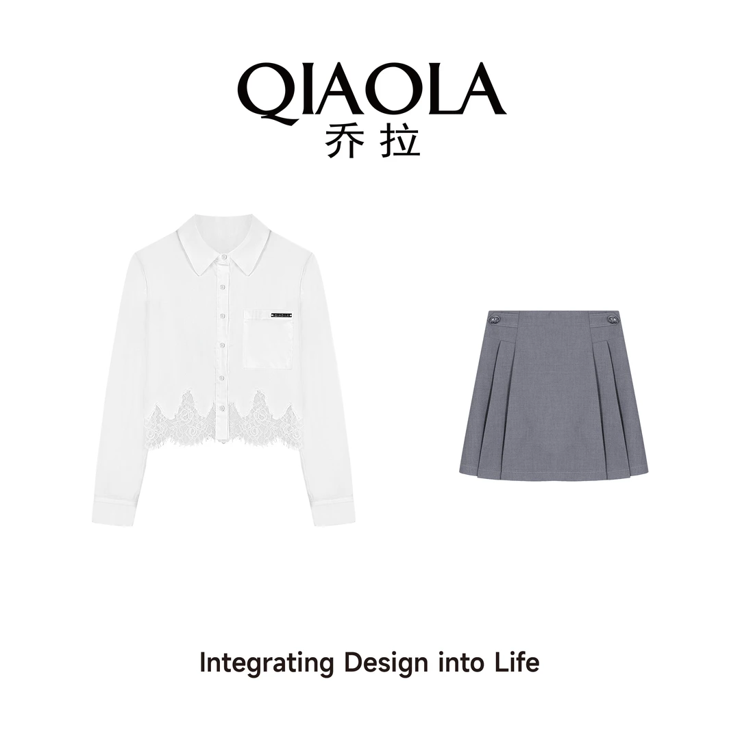 QIAOLA/乔拉【梦之微风】春夏款抗皱衬衫翻领单排扣蕾丝摆上衣裙子