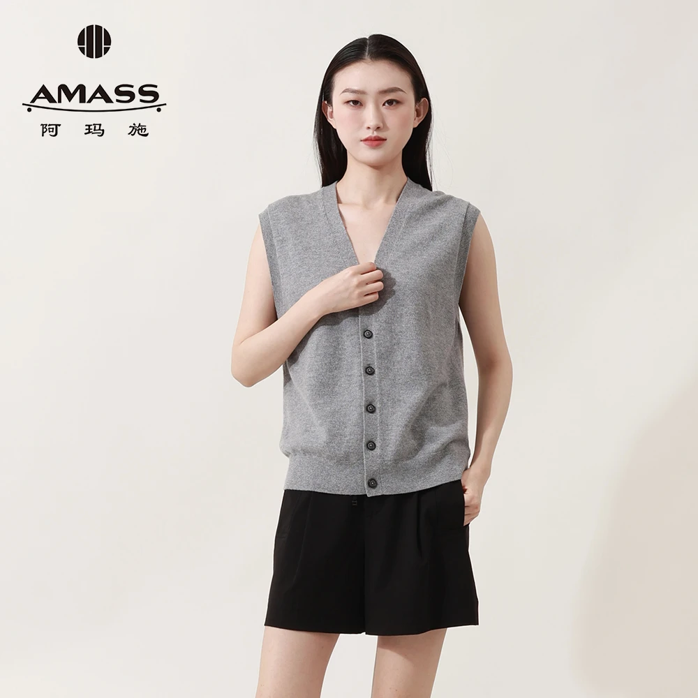 阿玛施AMASS新款时尚慵懒随性显瘦宽松V领针织马甲开衫女5499269