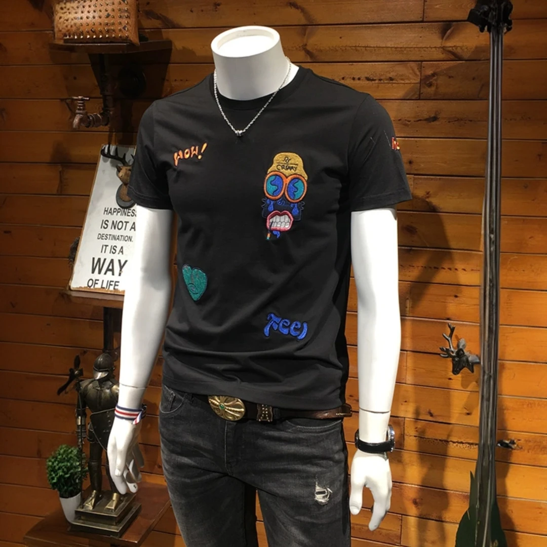 巴韦那奇欧货夏季新款刺绣短袖男时尚潮流修身液氨丝光棉半袖T恤