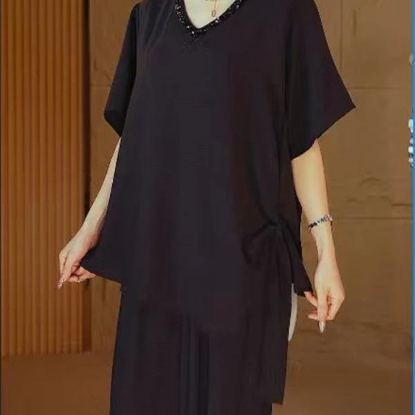 Z030珠绣领口上衣V领短袖新中式大码宽松舒适显瘦女装舒适套衫