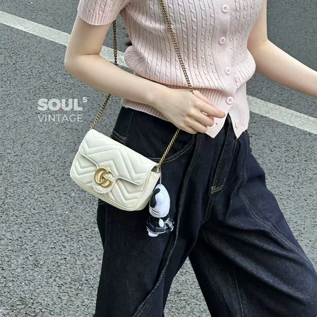 95新 GUCCI/古驰 fl66 白金 牛皮 mini马蒙669821683