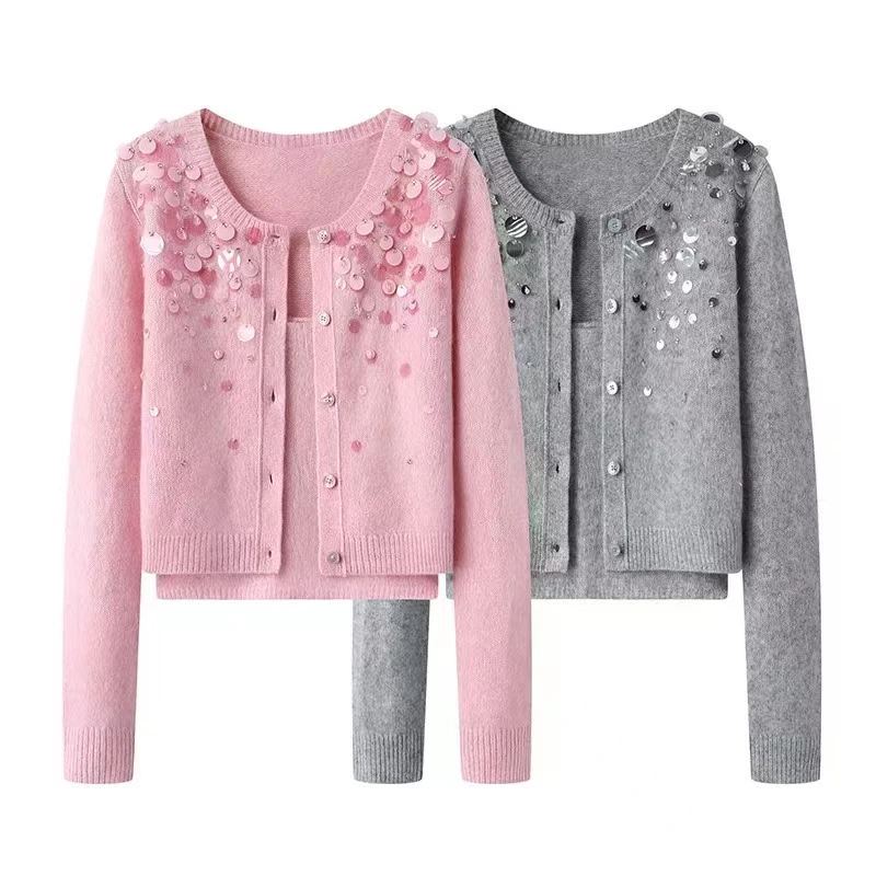 2025年春季新款圆领长袖重工亮片镶钻针织开衫毛衣外套女上衣