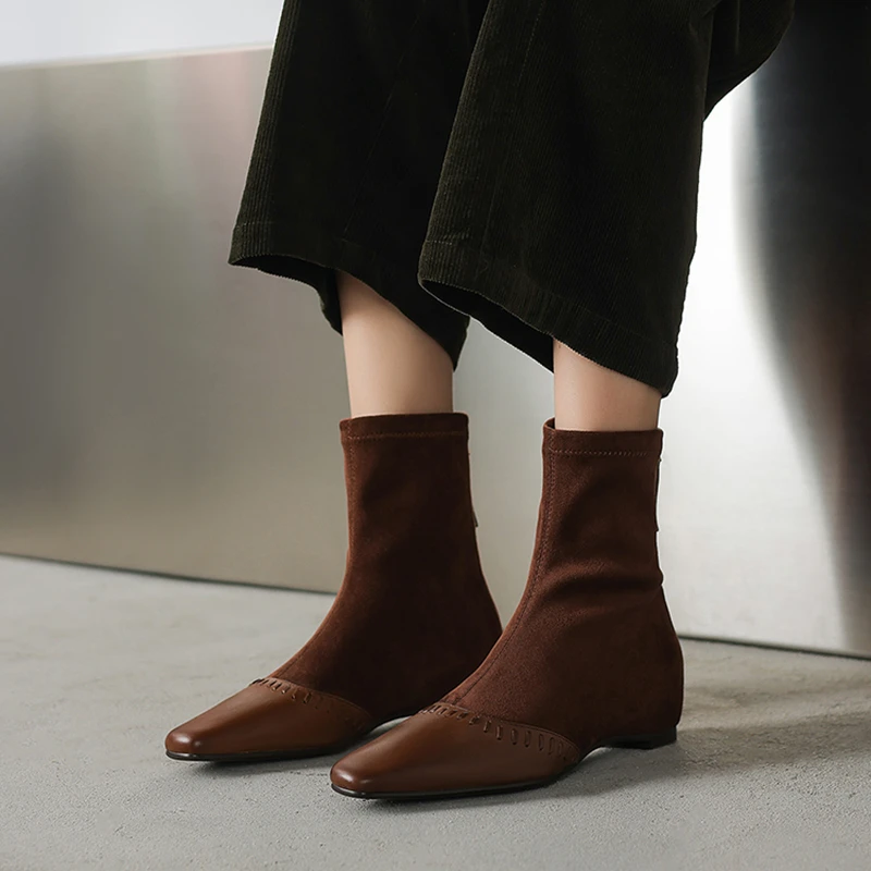2.5cm韩版方头拼接瘦瘦靴粗跟百搭绒面短靴秋冬新款加绒弹力靴子