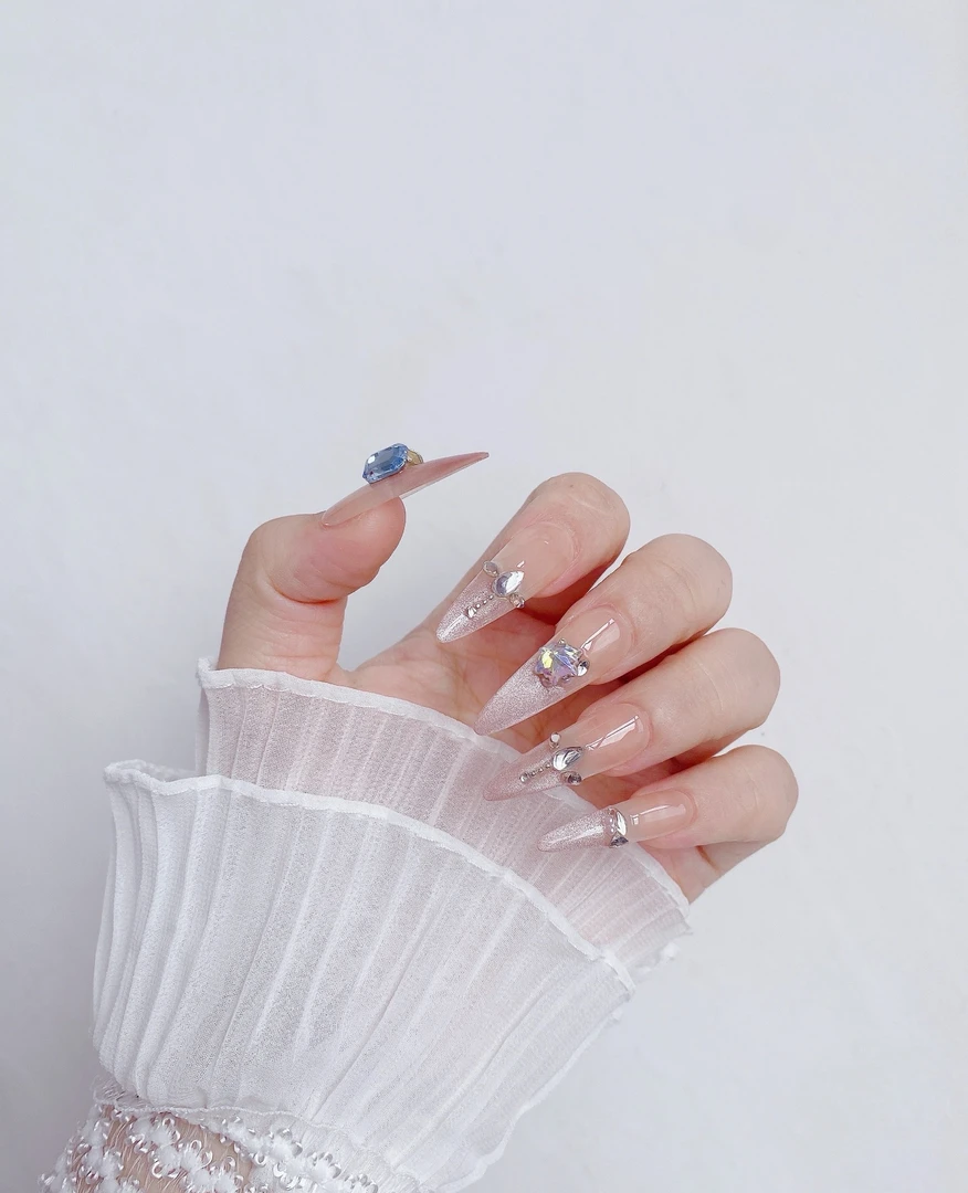 纯手工穿戴甲高级感十足气质夏季粉色中长款