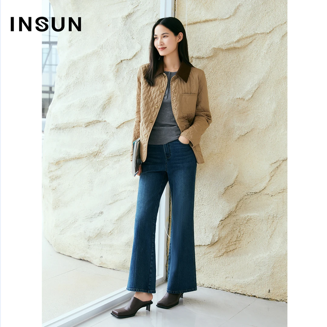 INSUN恩裳专选秋季菱形格压线巴恩风短款双面穿棉服外套