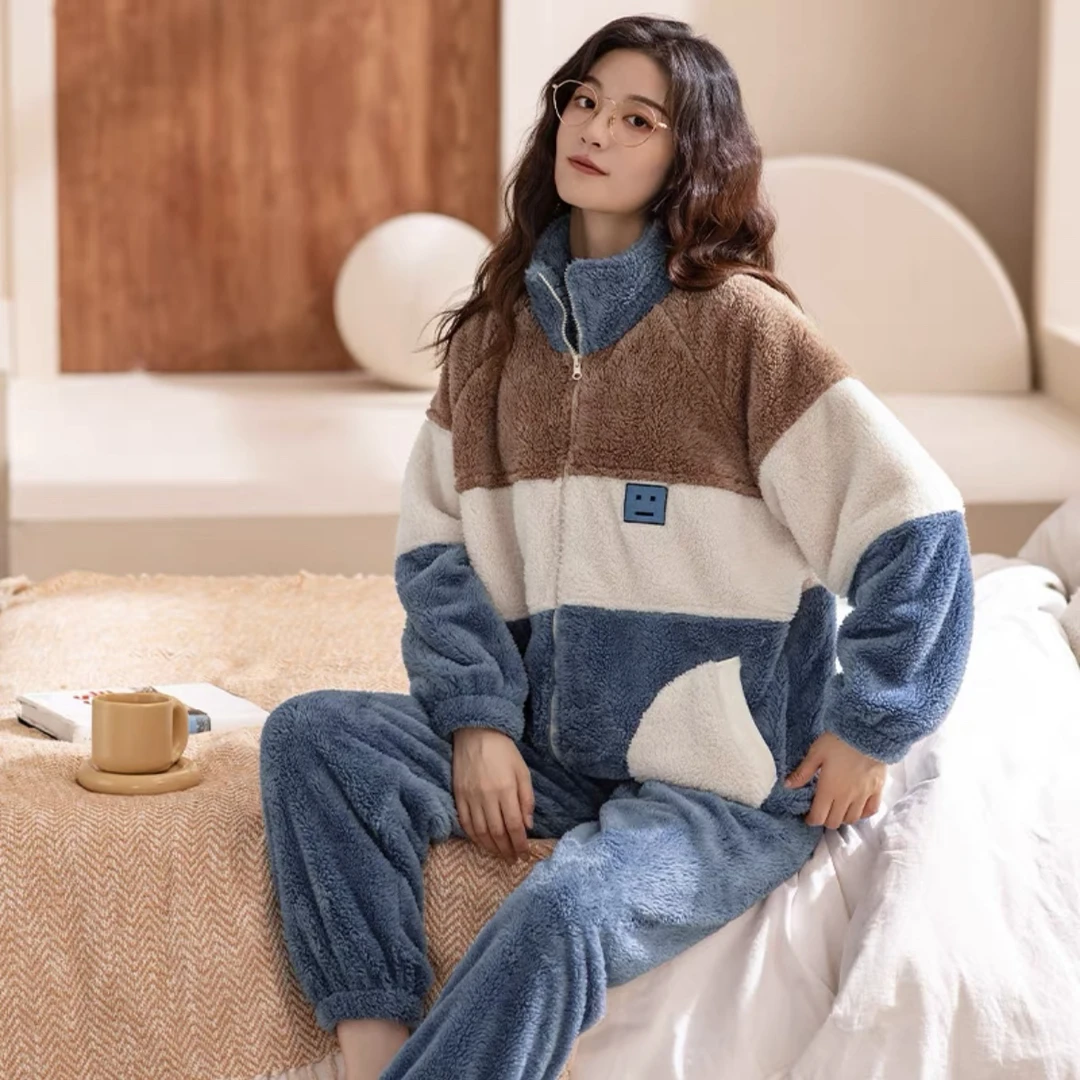 情侣冬季宽松加厚加绒休闲家居服睡衣套装