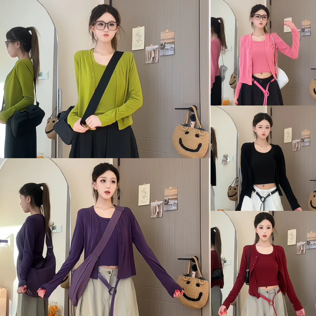 （开衫➕吊带）夏春纯欲慵懒开衫长袖短外套高弹2025早秋新款两件套