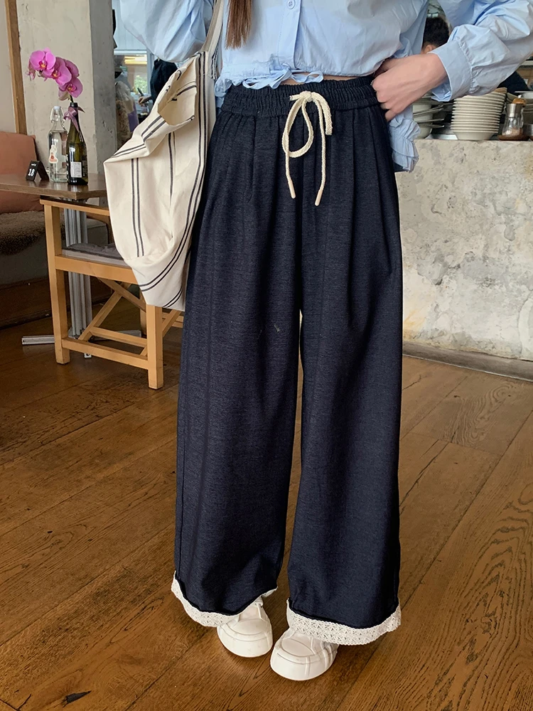 乌77复古蕾丝拼接阔腿休闲裤女松弛感梨形身材高腰显瘦抽绳长裤子
