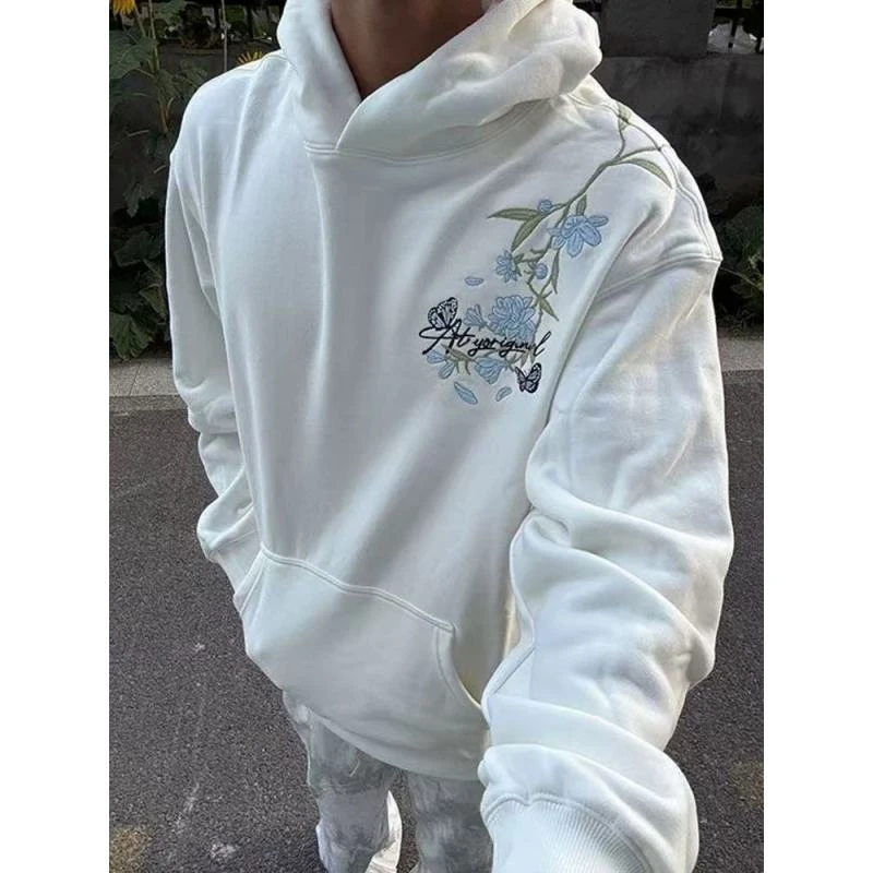 潮牌连肩花卉刺绣连帽卫衣男秋冬美式高街休闲情侣帽衫外套上衣潮