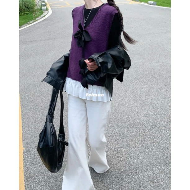 【赵小小&心岛繁花】0311 韩系甜美叠穿木耳边V领针织背心宽松上衣