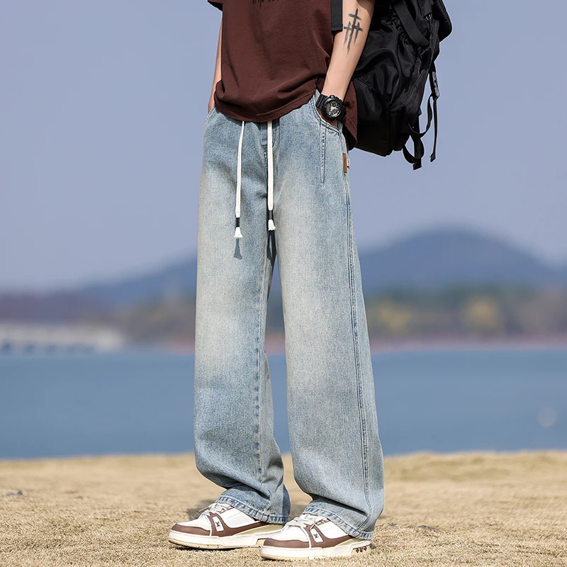 男士2025春秋季新款松紧腰牛仔裤阔脚美式直筒宽松休闲裤子男百搭