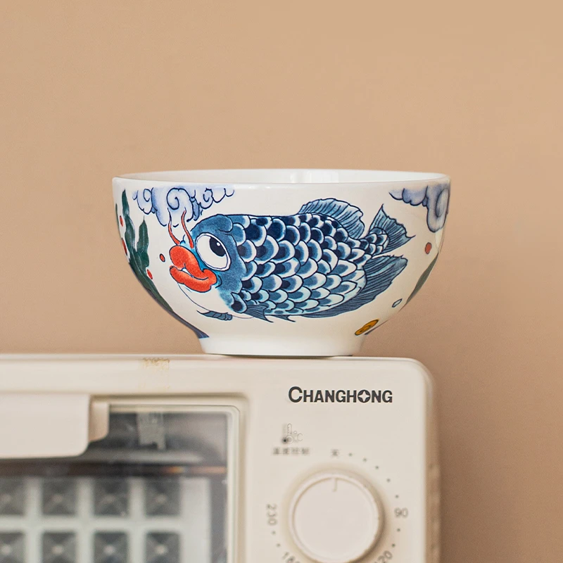 拙明院陶瓷 三鱼 4.5英寸高温釉下彩陶瓷国潮米饭碗