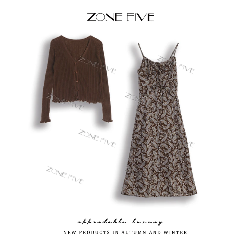 【zonefive】秋季新款小众定制针织外搭开衫+荷叶木耳边吊带裙套装