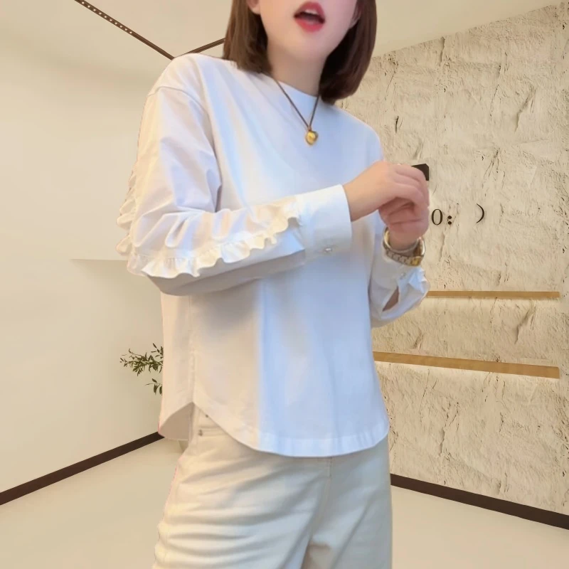 【花边T恤】2025春夏新款宽松显瘦衬衣袖口拼接圆领T恤设计感长袖衫