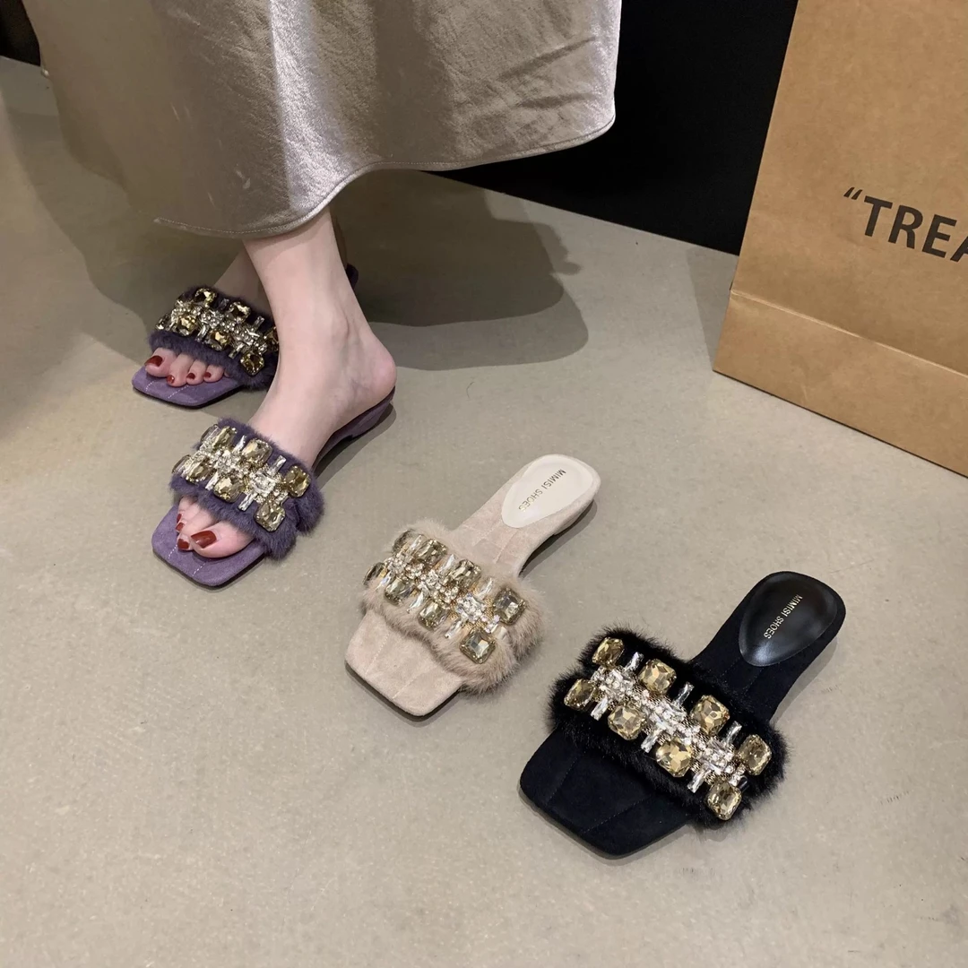 法式水钻露趾凉拖鞋外穿仙女鞋2025新款夏季配裙子方头粗跟一字拖