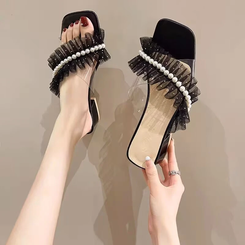 拖鞋网红时尚百搭夏季外穿粗跟包头平底