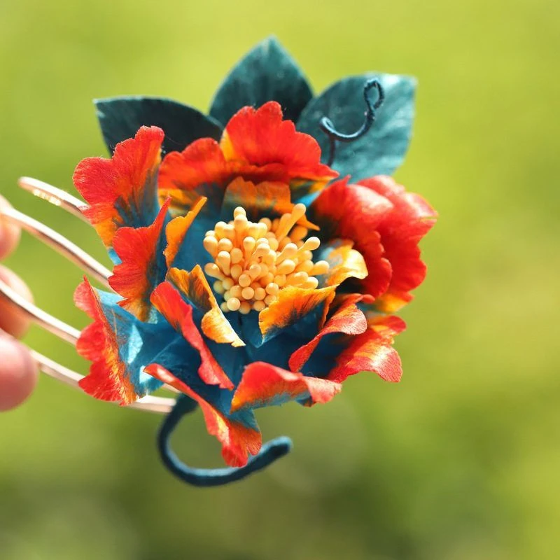 【牡丹仙子】手工非遗蚕丝绒花发梳蓝橙色渐变发饰古风汉服头饰女