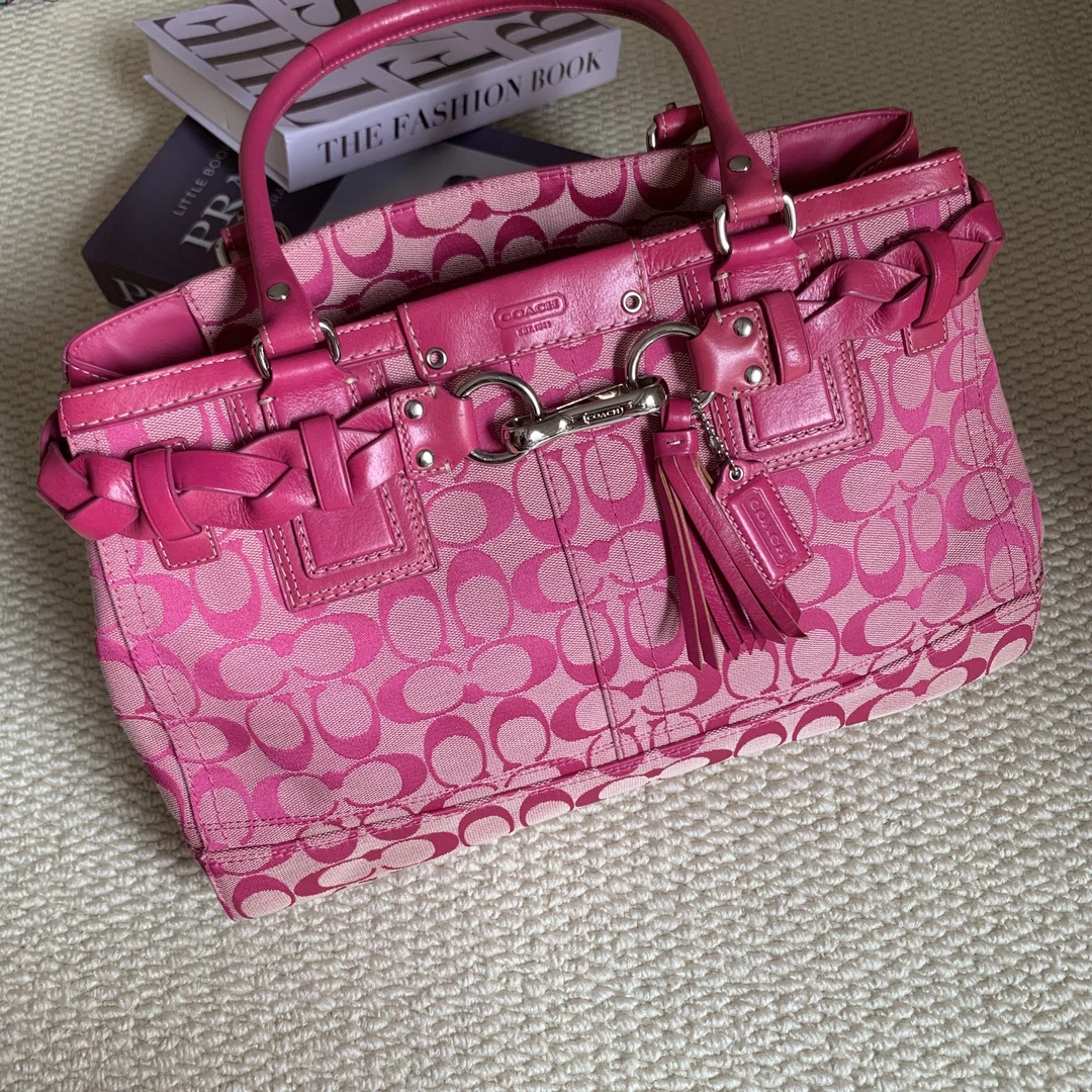 95新 COACH/蔻驰 老花帆布拼皮火龙果色玫红色手提单肩公文托特包
