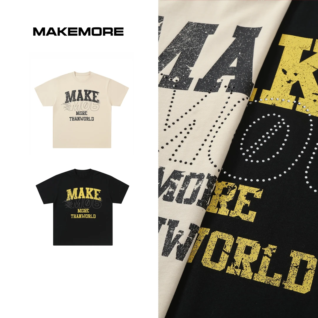 Makemore短袖男夏季新款烫钻美式破坏重磅纯棉t恤高级情侣半袖