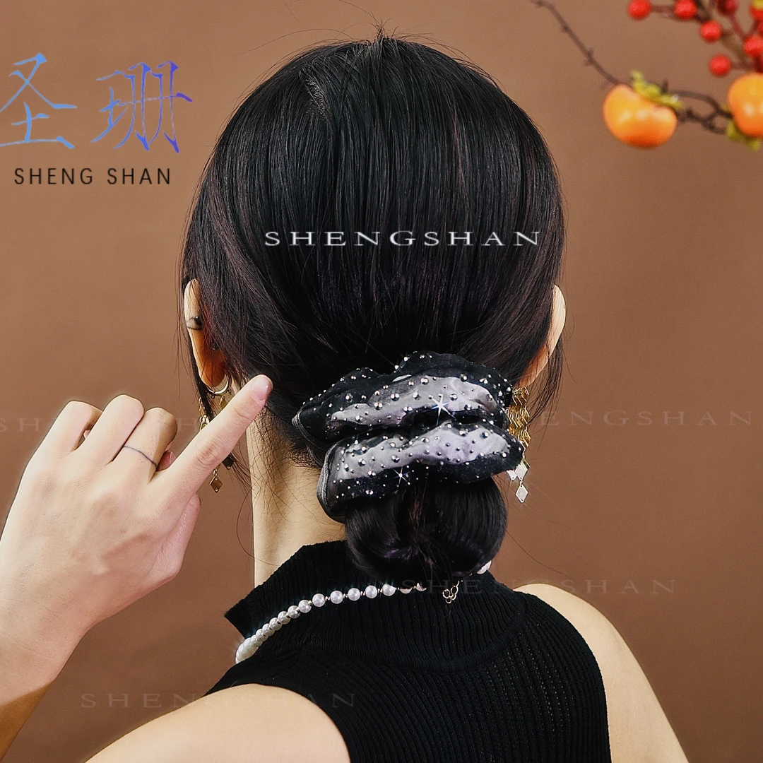 圣珊高弹力头发欧根纱格子头绳双层发圈大人扎发皮筋爆款新款发饰