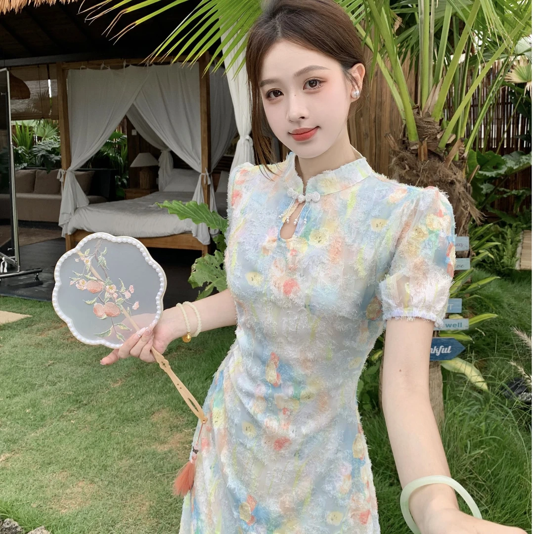 602 大码旗开得胜夏季茶歇新中式改良旗袍碎花连衣裙