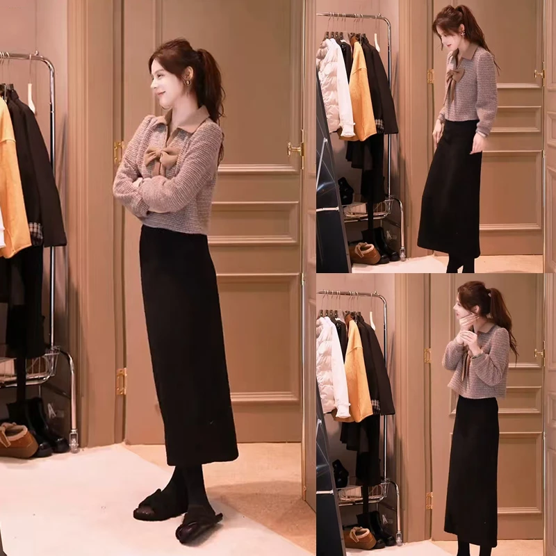 超火时尚套装女2025新款气质千金风长袖上衣百搭半身裙两件套