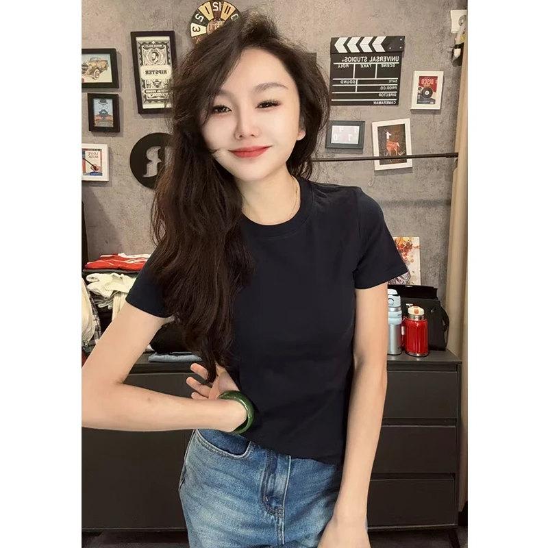 春夏季新款纯色短袖T恤女简约百搭修身显瘦时尚正肩棉t内搭上衣
