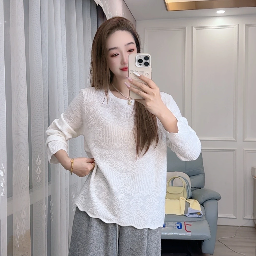 2523现货春秋针织衫宽松女装休闲圆领喇叭袖百搭气质韩版镂空套头
