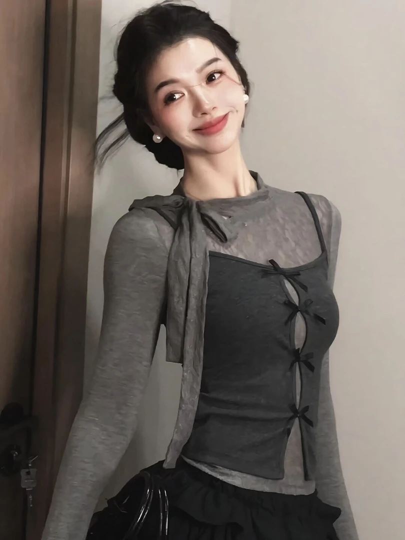 韩系纯欲风蝴蝶结系带长袖t恤女秋季内搭修身短款吊带上衣两件套