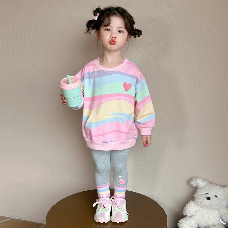 女童休闲套装小童春季甜酷两件套儿童彩色条衣服宝宝春装女孩薄款