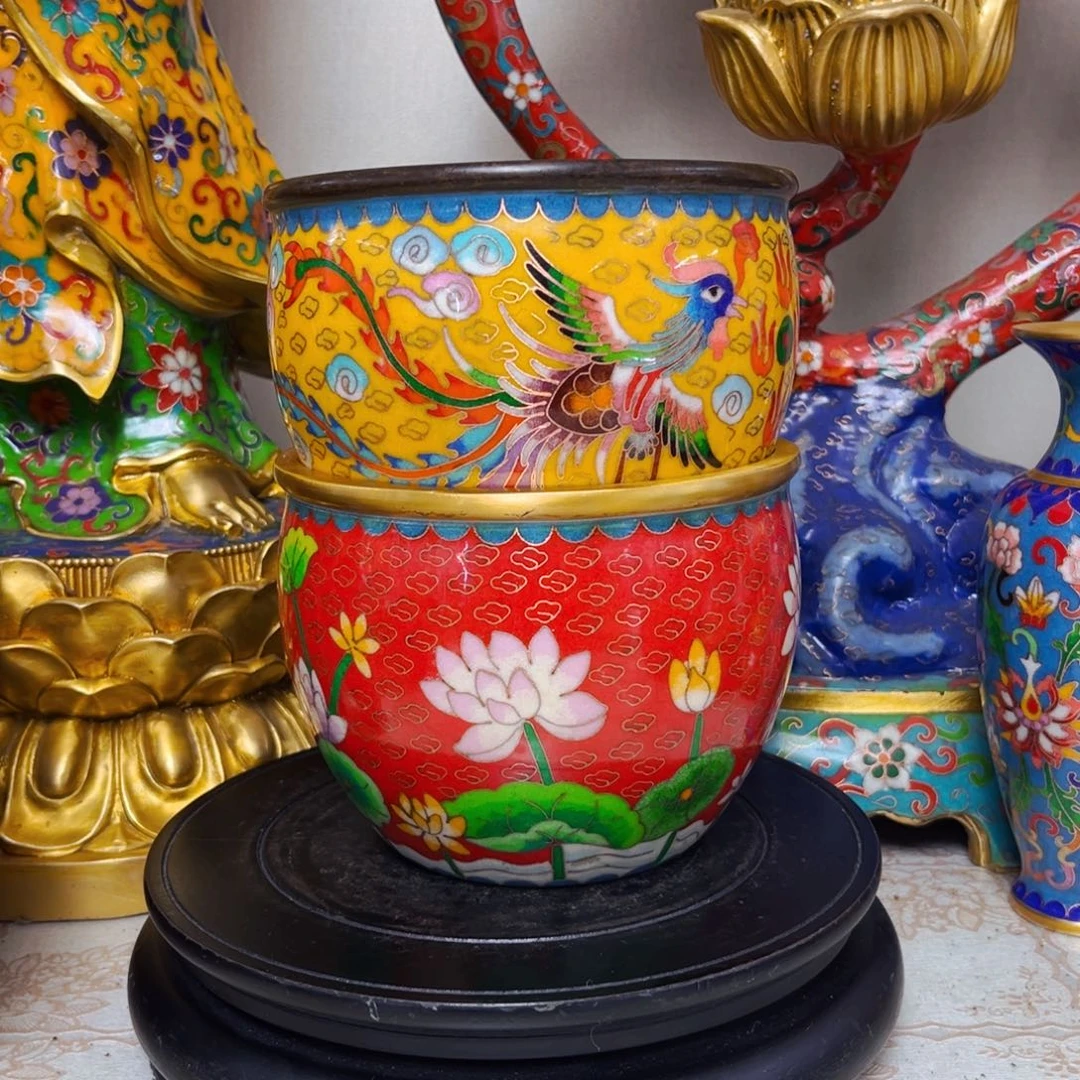 扬***江铜景泰蓝缸一对黄各红