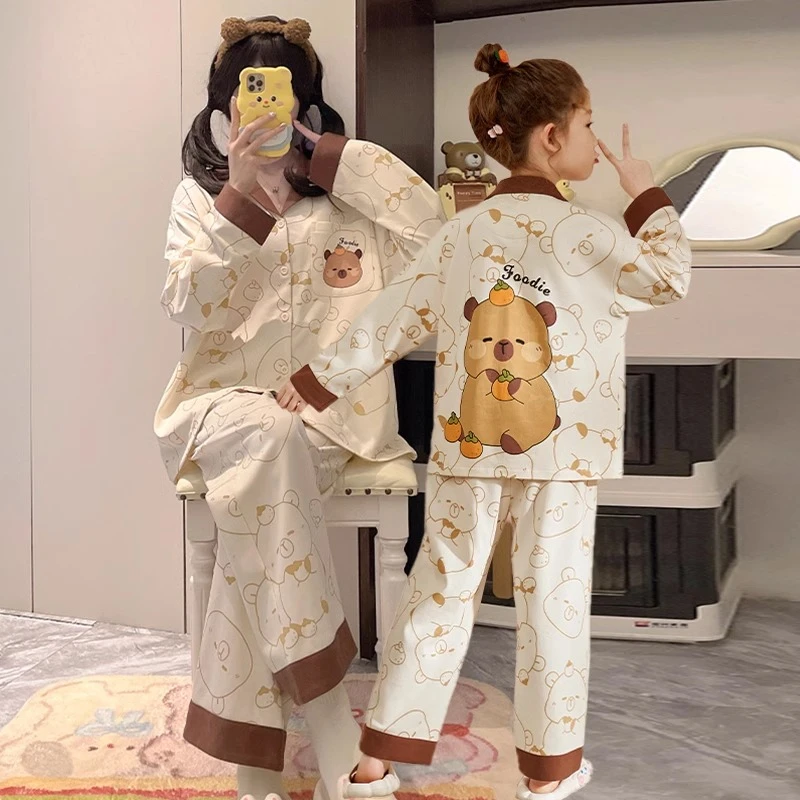 春秋季亲子睡衣母女装长袖纯棉薄款中大童女孩卡皮巴拉家居服套装