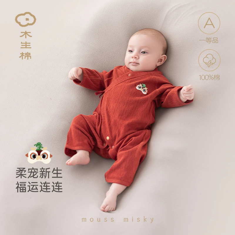 木生棉新生儿长袖连体衣夏季薄款婴幼儿红色喜庆满月服宝宝和尚服