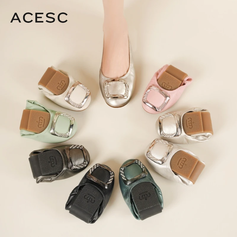 Acesc/艾斯臣牛皮蛋卷鞋软底耐磨浅口平底百搭真皮妈妈鞋芭蕾单鞋