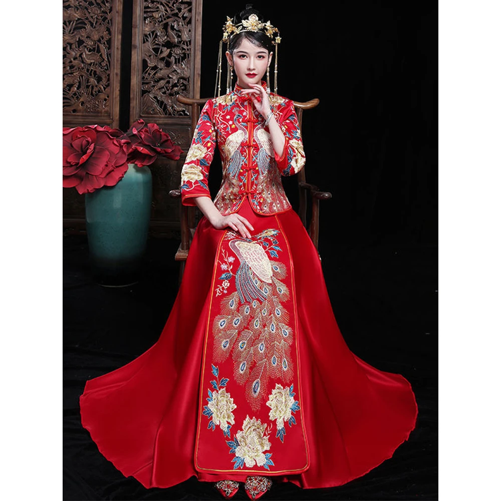 短袖女士秀禾服孕妇中国新娘中式订婚结婚红色设计立领端庄婚服