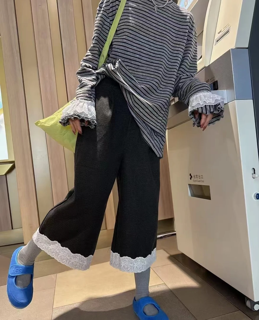 毛呢花边裤蕾丝高腰直筒时尚休闲百搭洋气宽松秋季韩版拼接