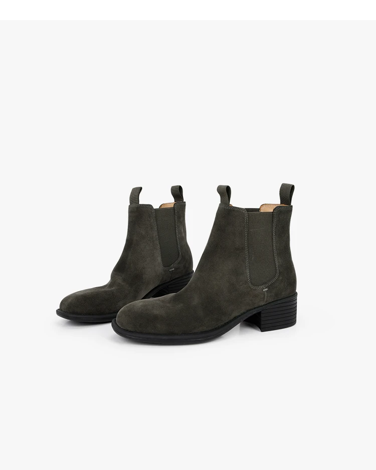 4CM牛反绒面尖头短靴子女秋冬单靴粗跟一脚蹬切尔西靴洋气