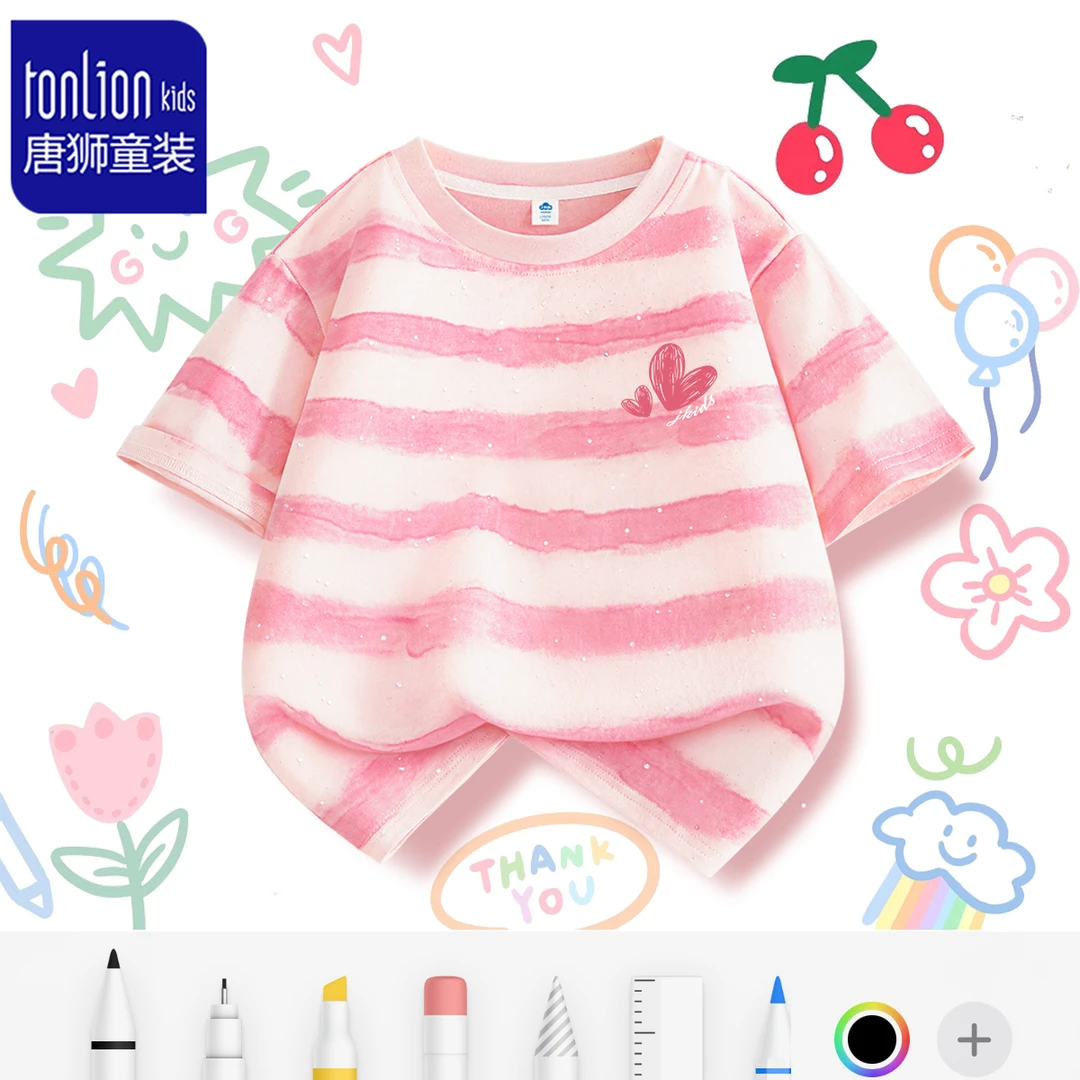 唐狮童装儿童t恤短袖2025夏季新款鬼马童趣风女童条纹半袖上衣服