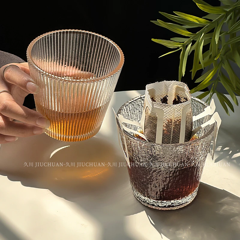 简约日系条纹玻璃杯冰美式咖啡杯ins牛奶杯茶杯家用水杯挂耳杯子
