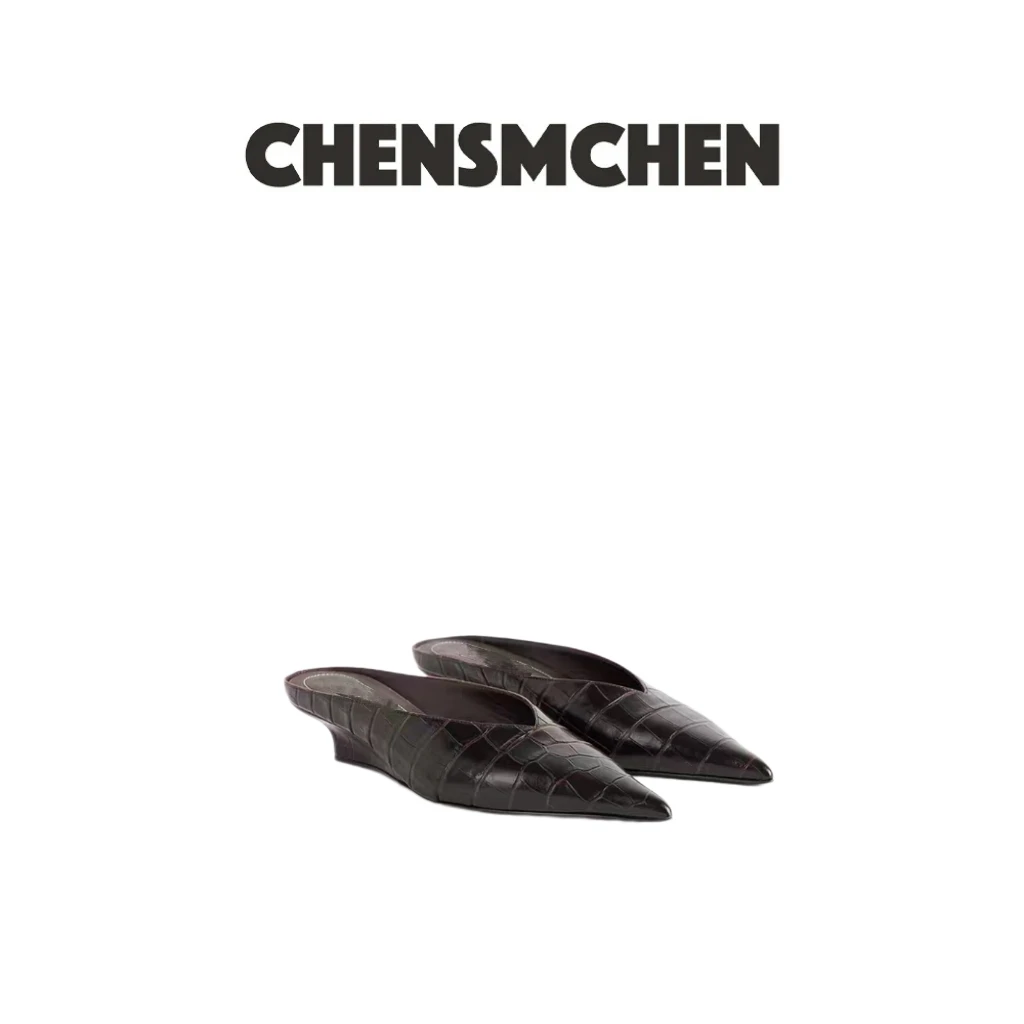 CHENSMCHEN 早春新款深棕色尖头坡跟穆勒休闲鞋