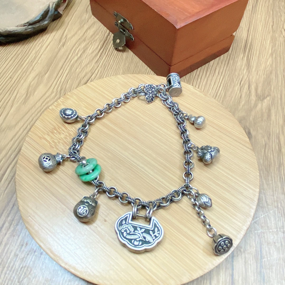 925银脚链 手工錾刻银脚链红如通球