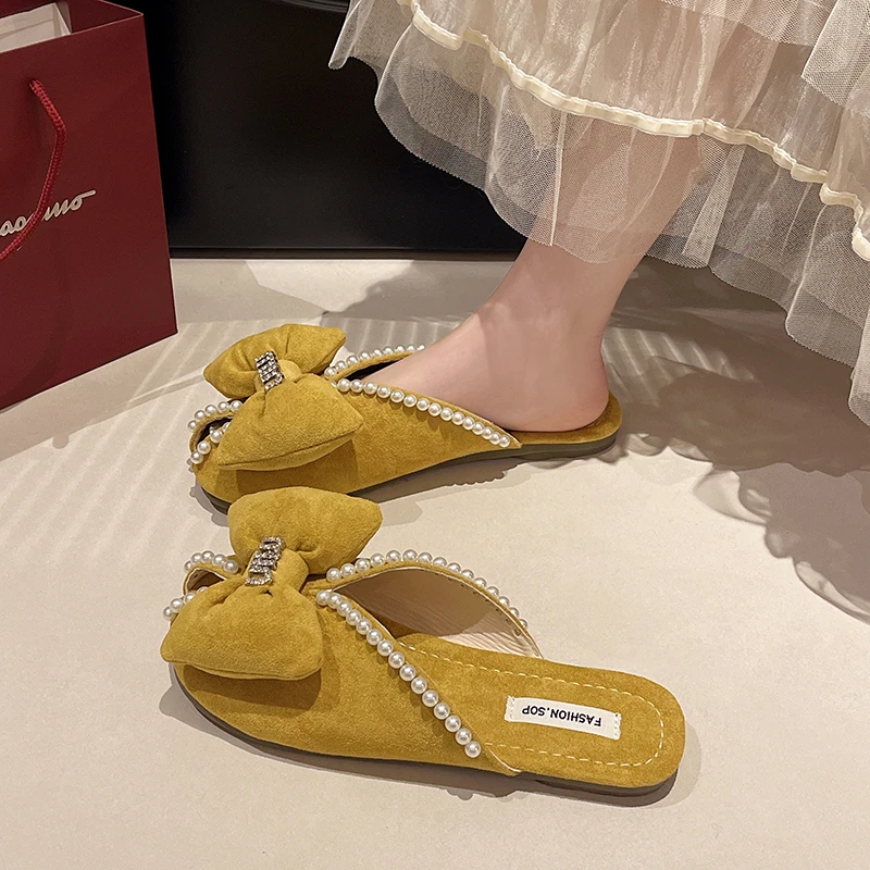 包头半拖鞋女夏外穿2025新款珍珠蝴蝶结水钻百搭软底凉拖懒人女鞋