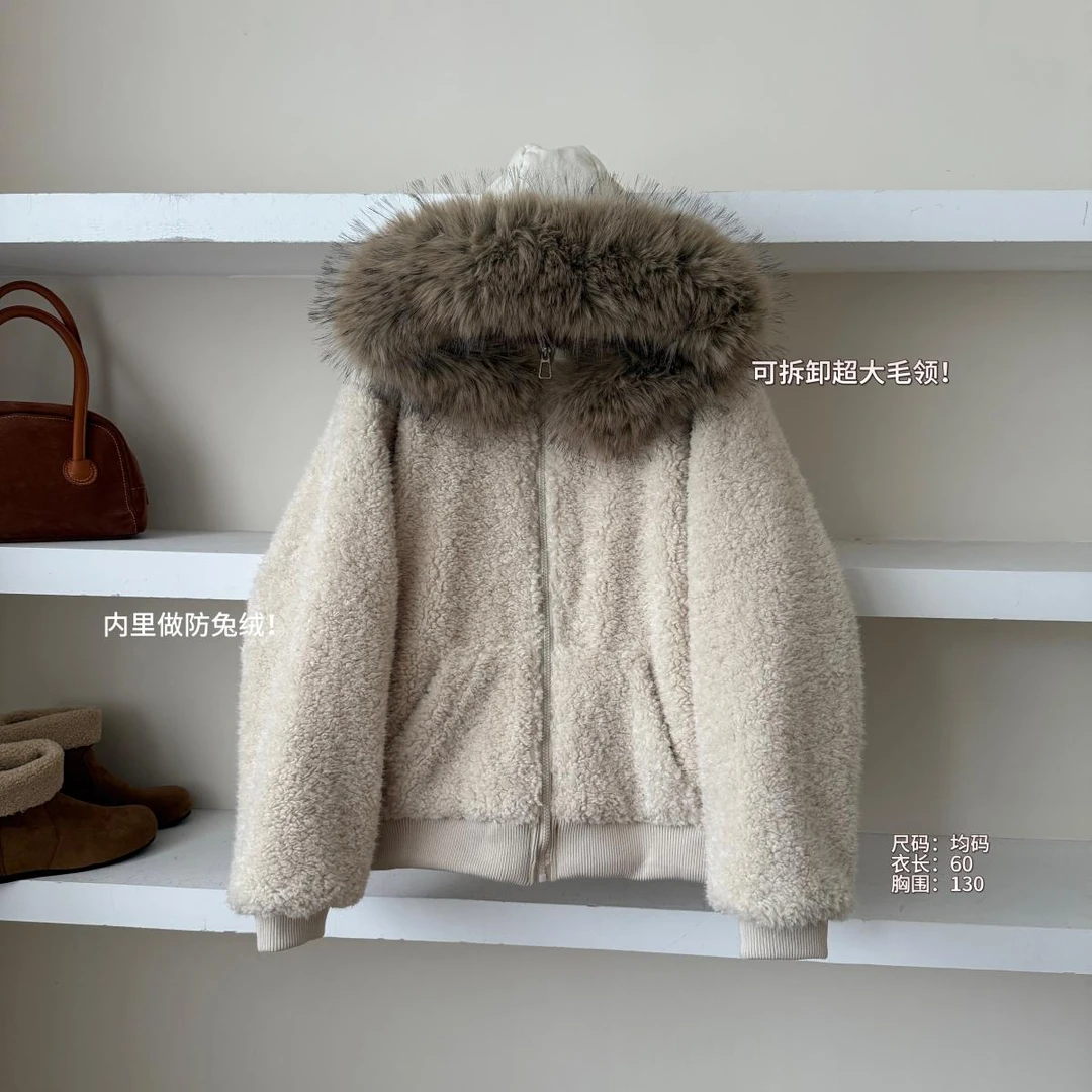 P0907-高级感时髦大毛领百搭保暖外套新款2025冬季加厚连帽外套