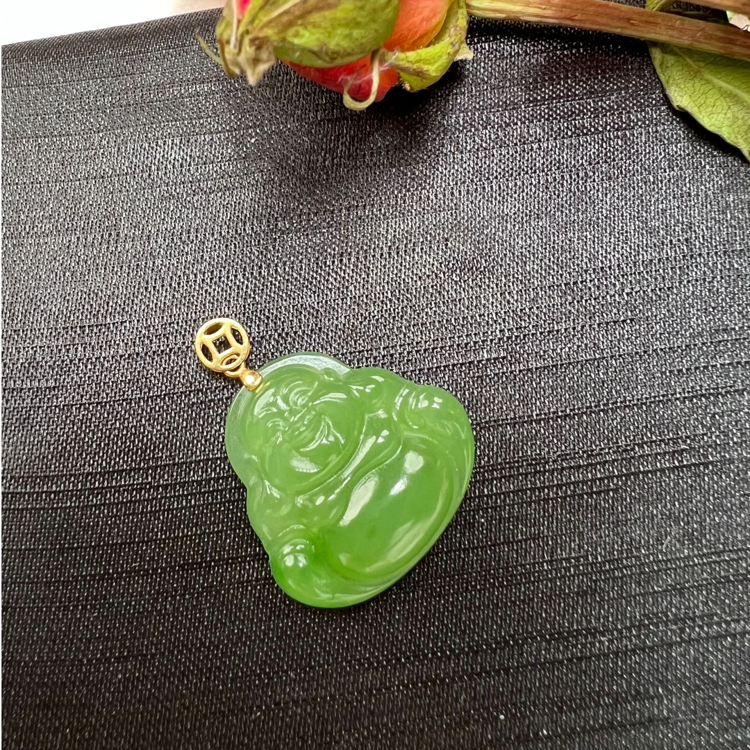 精选和田玉碧玉 苹果绿18K金镶嵌 佛公吊坠