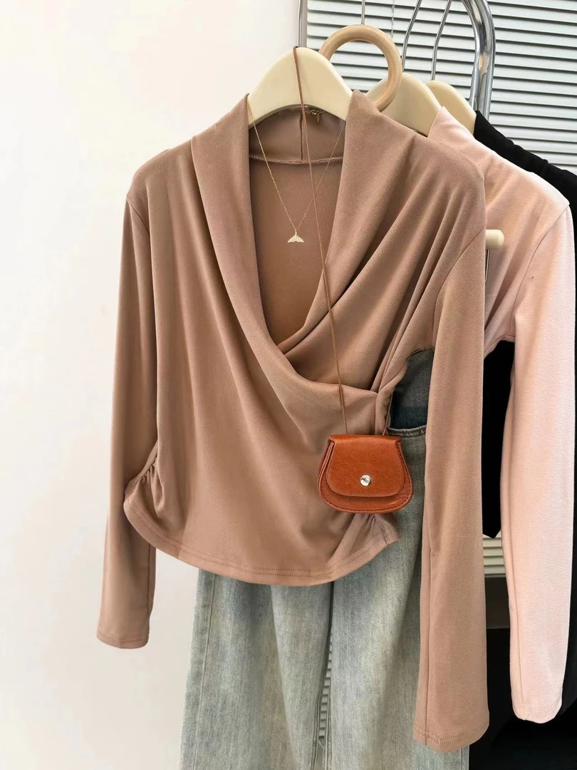 0004 V领正肩长袖T恤女秋冬季修身韩版内搭打底衣