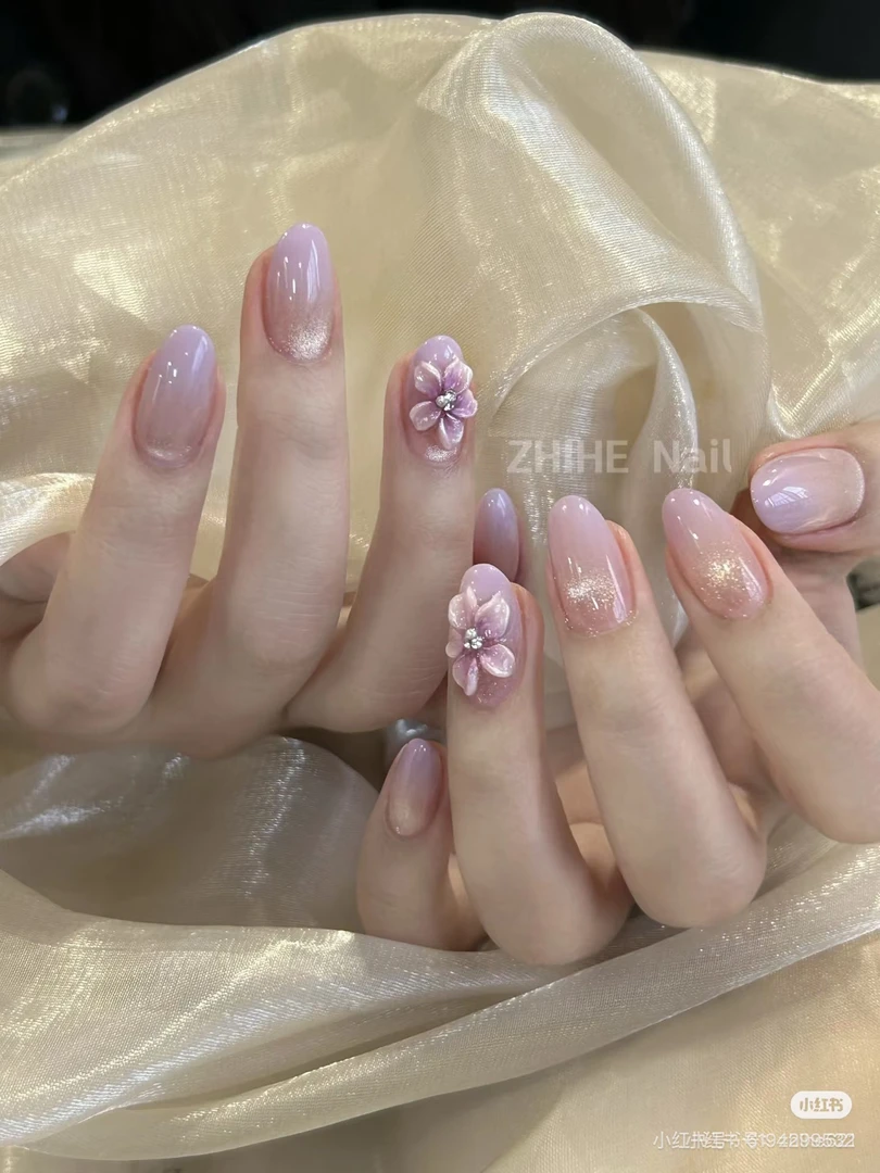 【丁香雨雾】纯手工雕花穿戴美甲紫色猫眼显白高级定制