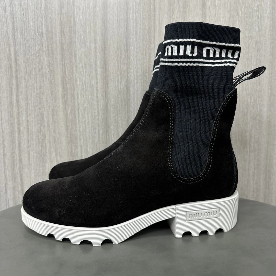 95新 MIU MIU/缪缪 36码 黑色织物麂皮 袜子靴