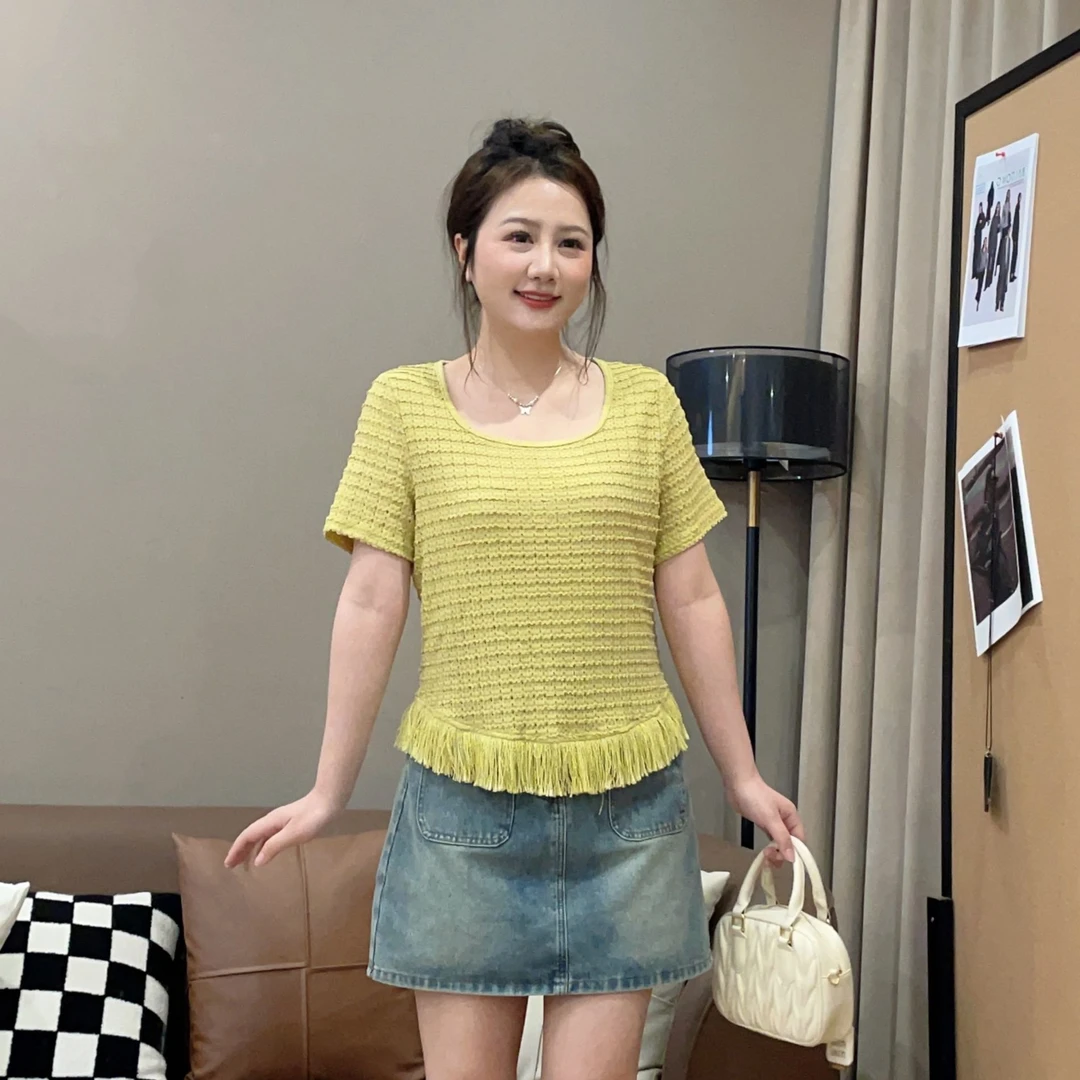 大萌萌【现货】洋气百搭编织流苏正肩上衣夏季微胖显瘦P225X04808