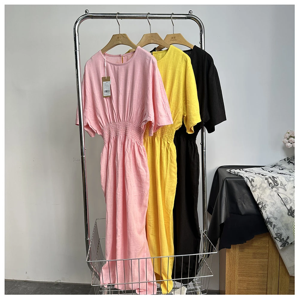 Q197      夏季新款修身中长款收腰圆领短袖连衣裙女